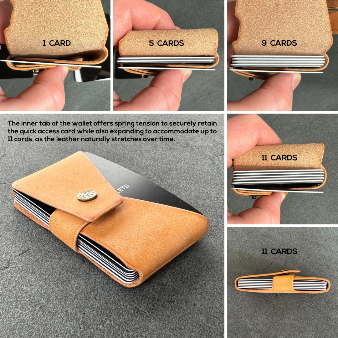 Infographic showing the capacity of the minimalist wallet from 1 card to 11 cards, highlighting its expandable nature.