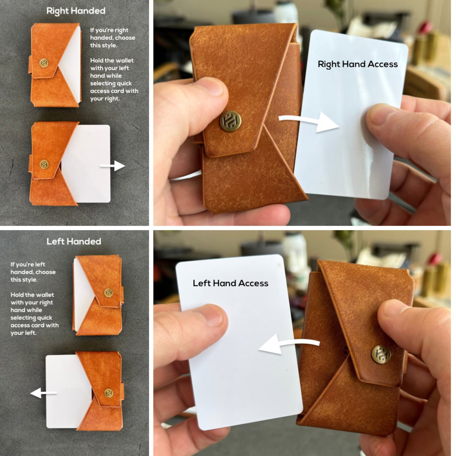 Demonstration of the two minimalist leather wallet style options designed for access by right-handed or left-handed users.